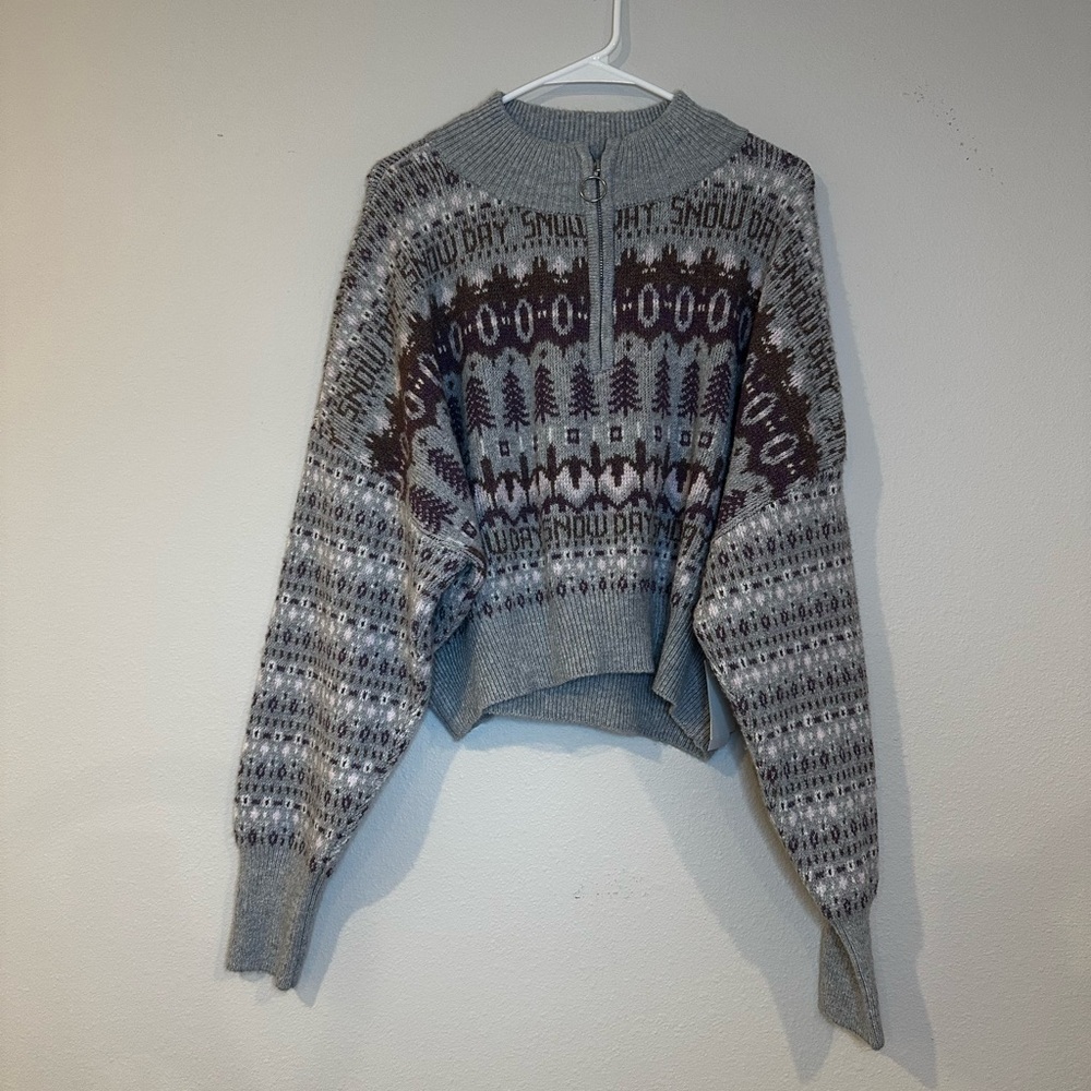 Sugar Moon brand half zip sweater in gray w/brown, purple and pink design in XL.